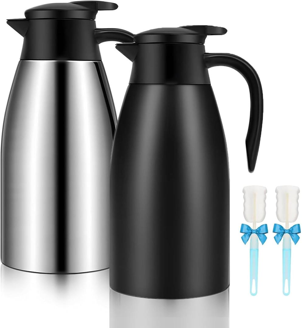 68oz Thermal Coffee Carafe, 2 Pack Airpot Insulated Coffee Carafes for Keeping Hot, Thermos for Hot Drinks Coffee Thermos for Keeping 12 Hours Hot, 24 Hours Cold (Silver, Black)