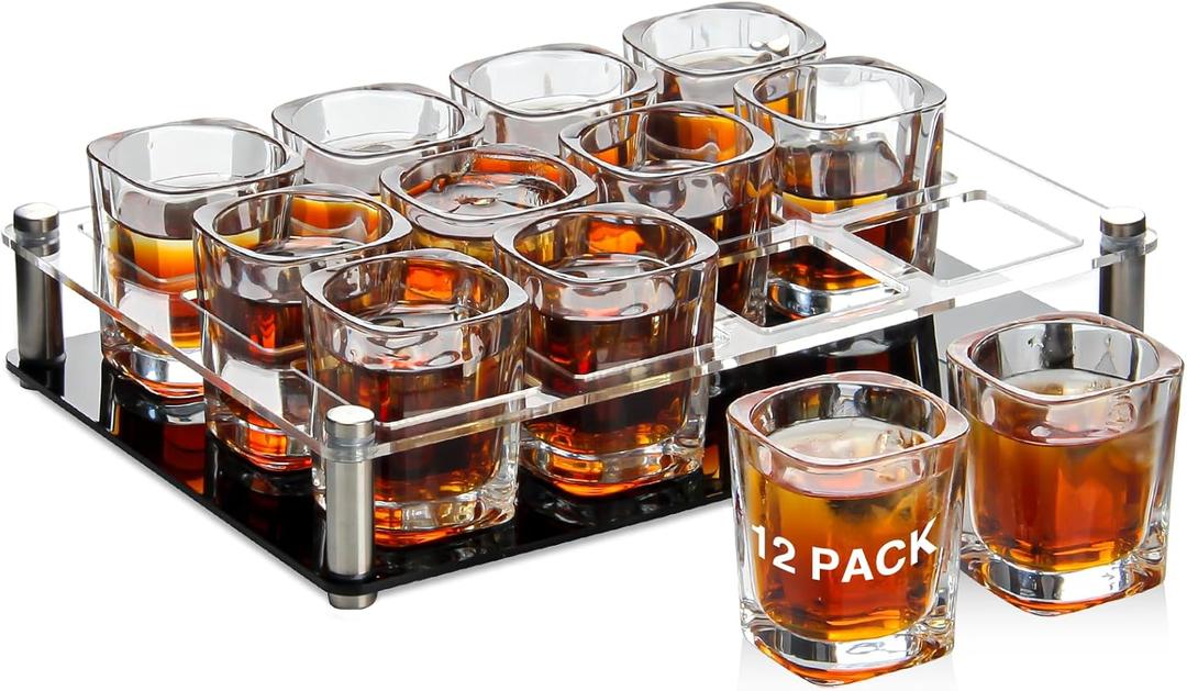 Ruckae 12 Pack 2 OZ Shot Glasses Set with Pallets Heavy Base Clear Square Shot Glasses Bulk for Vodka Tequila Whiskey Liquor (Transparent with Tray)