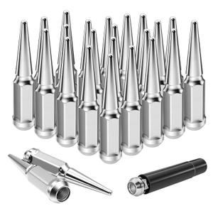 M14x2.0 Chrome Silver Wheel Spike Lug Nuts, 14mmx2.0 Spiked Lug Nut with 1 Socket Key, 4.4" Tall Cone Seat Closed End 3/4" Hex Lugnut Compatible with 2007-2014 Expedition Navigator, Set of 24