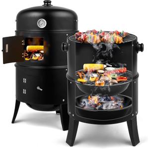 Outvita Vertical 17 Inch Charcoal BBQ Smoker, 3-in-1 Portable Outdoor Grill Cooker with Built-in Thermometer for Outdoor Backyard Cooking Grilling Camping