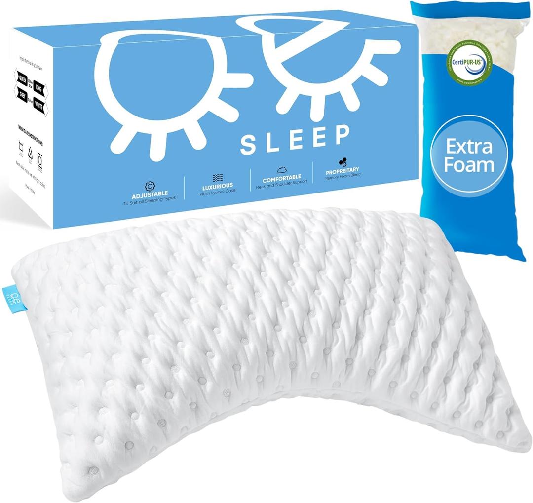 Bed Pillow for Side and Back Sleepers  Curved Cooling Pillow for Neck and Shoulder Pain Relief  Adjustable Memory Foam Pillow with Washable Cover  Queen Size with Extra Fill (White) (Queen (Pack of 1))