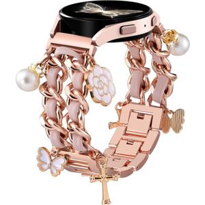 Stylish Metal Band Compatible with Samsung Galaxy Watch 7 Band/FE 6 5 4 40mm 44mm,Galaxy Active 2, 20mm Watch Strap Pretty Chain with Cute Decorative Charms Accessories for Samsung Watch Bands Women (RoseGoldPink Band/Cross)