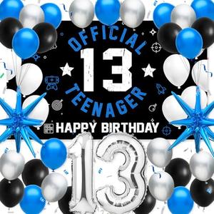 PHXEY 13th Birthday Decoration Set for Boys Girls, Official Teenager 13 Birthday Party Banner Backdrop, Large 13 Foil Balloons, Explosion Star Balloons, 13th Birthday Photo Props Decor, Blue Silver