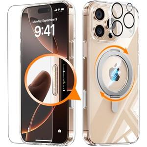 JUESHITUO 3 in 1 for iPhone 16 Pro Case, [with Sensitive Camera Control Capture Button] [Non-Yellowing] 360° Rotatable Magnetic Ring Stand with [Rotary Damping Sound] Cell Phone Cover 6.3", Clear