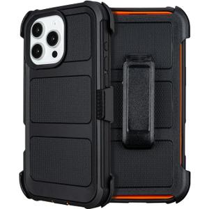 Defender for iPhone 16 Pro Max Case with Clip Holster,Heavy Duty Rugged Full-Body,2 Layers of Sturdy,Anti-Drop,Military-Grade Defender Cover for iPhone 16 Pro Max Phone Case (Black & Orange)