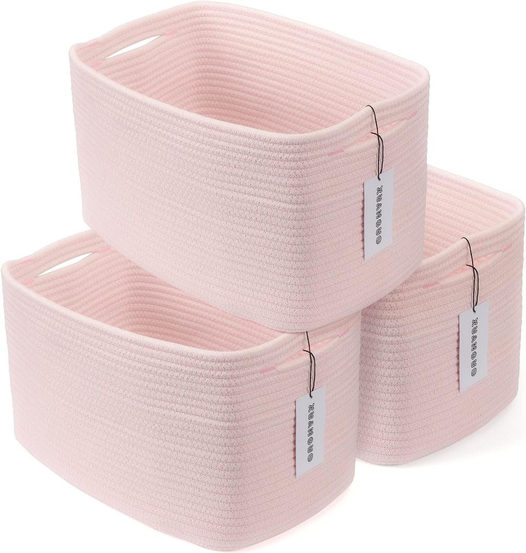 Cotton Rope storage Basket Bins Woven Basket for Organizing Shelves Rectangle Decorative Baskets For Storage Clothes Toys Books Towels Square Wicker Nursery Basket Organizer 3 pack Light Pink