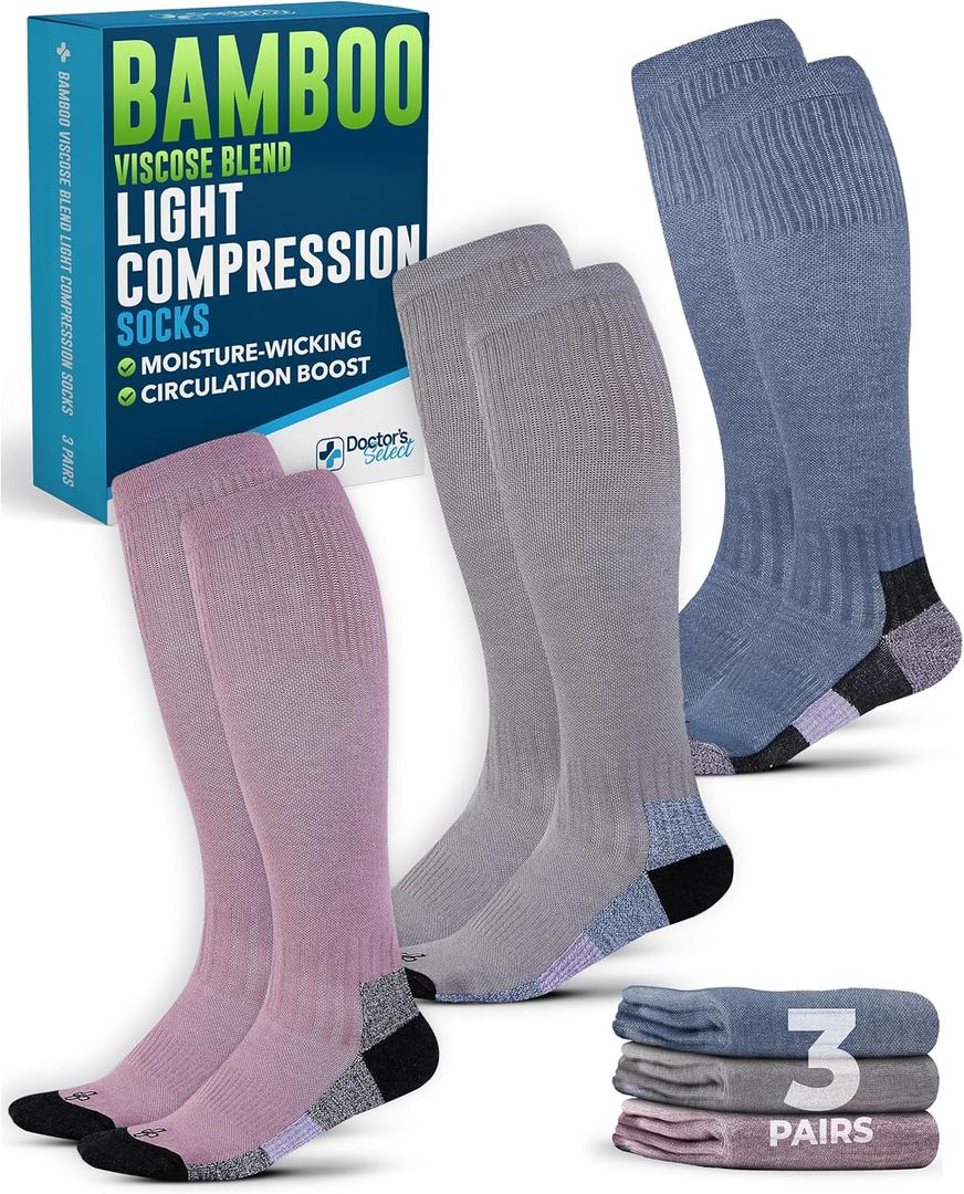 Doctor's Select Bamboo Viscose Light Compression Socks for Women & Men - 3 Pairs, 8-15 mmHg Compression Socks, Knee High (Large)