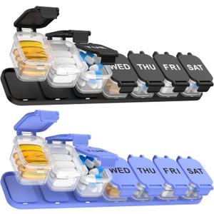2-Pack Extra Large Weekly Pill Organizer, Travel Pill Box 7 Days, XL Vitamin Holder with 7 Detachable Compartments, Protable Medicine Organizer for Supplements (Purple and Black)