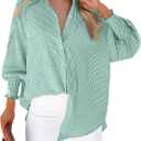 Womens Smocked Cuffed Striped Boyfriend Shirts Dressy Collar Long Sleeve Oversized Button Down Blouse Tops with Pocket (Large, Army Green)