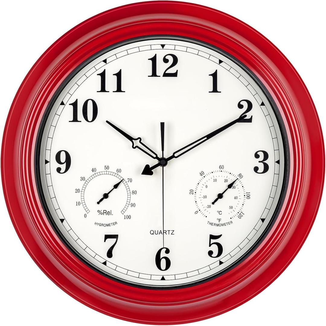 Outdoor Clocks Waterproof, 18 in Large Outdoor Clock for Patio w/Thermometer Combo, Silent Battery Operated Decorative Retro Wall Clock for Living Room/Bathroom/Pool/Indoor, Red