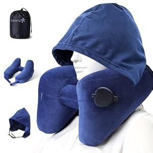Sunany Neck Pillow for Travel Inflatable Airplane Pillow Comfortably Supports Head, Neck and Chin, Inflatable Travel Pillow with Soft Velour Cover, Hat, Portable Drawstring Bag (Blue)