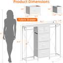 HIGDBFE 49.2W Dresser with 2 Hanging Racks, 5 Drawers Dresser with LED Lights & Charging Station, Dressers TV Stand with Clothes Rack, Shoe Racks and Side Hooks, Chest of Drawers for Bedroom, White, 11.8"D x 49.2"W x 43.9"H