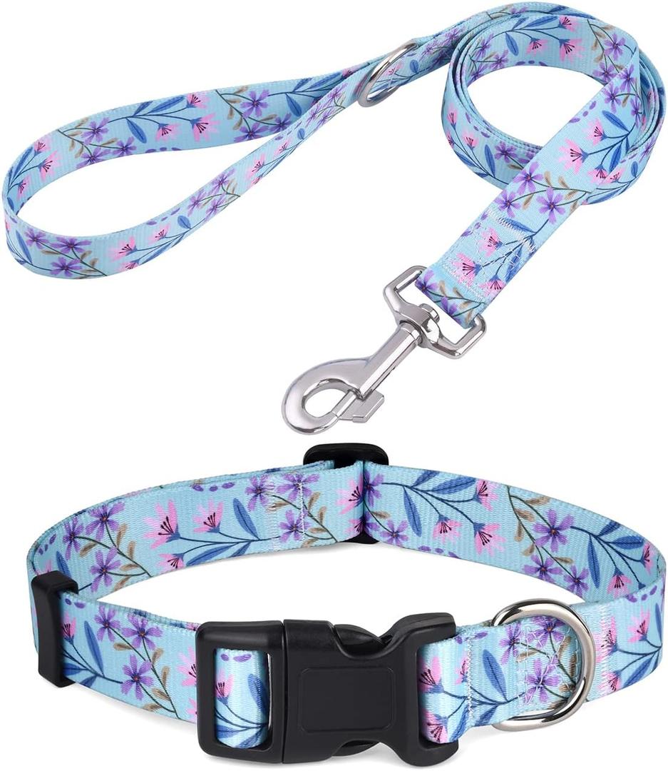 Mihqy Dog Collar and Leash Set with Bohemia Floral Tribal Geometric Patterns - Soft Ethnic Style Collar Adjustable for Small Medium Large Dogs(Pink + Purple Floral Set,S)