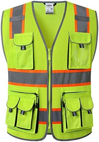 JKSafety 10 Pockets Hi-Vis Neon Color Frontal Zipper Mesh Safety Vest for Men Women Safety Utility for works Comply to ANSI/ISEA Class 2 (86-Yellow 3XL)