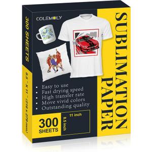 Colemoly Sublimation Paper 8.5x11, 300 Sheets Heat Transfer Paper for Any Inkjet Printer 125g with Thermal Sublimation Ink on Coated, Phone Cases, Light Fabrics, DIY Projects, T-Shirts, Mugs