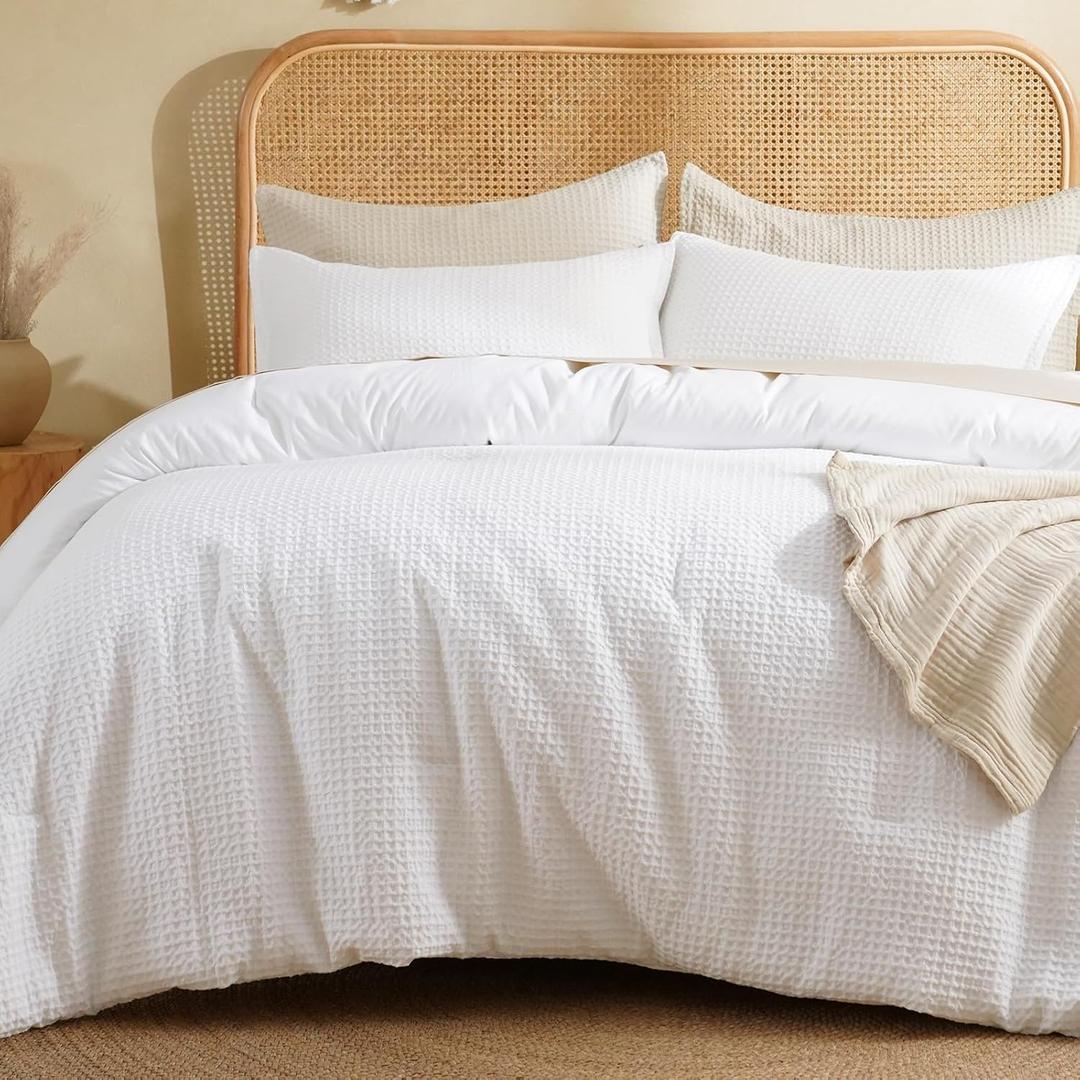 David's Home Waffle Weave Comforter Set 3PCS Queen Size, Soft Breathable Lightweight Cozy Skin-Friendly Warm for All Season, Elegant Aesthetic Home Decor Bedding Set with Pillow Shams, White