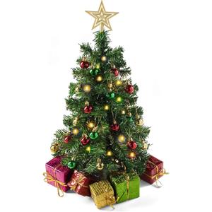 Prextex 23-Inch Mini Christmas Tree with Lights- Small Holiday Tree with Ornaments, Star Topper, and Gift Boxes- Easy Setup Table Decorations for Home, Office, and Indoor Festive Displays (Green)