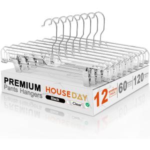 HOUSE DAY Clear Pants Hangers with Clips 12 Pack, Plastic Skirt Hangers for Women, 14 Inch Clip Hanger for Pants, Skirts, Jeans, Shorts, Legging, with 360-degree Swivel Hook, 2 Adjustable Clips