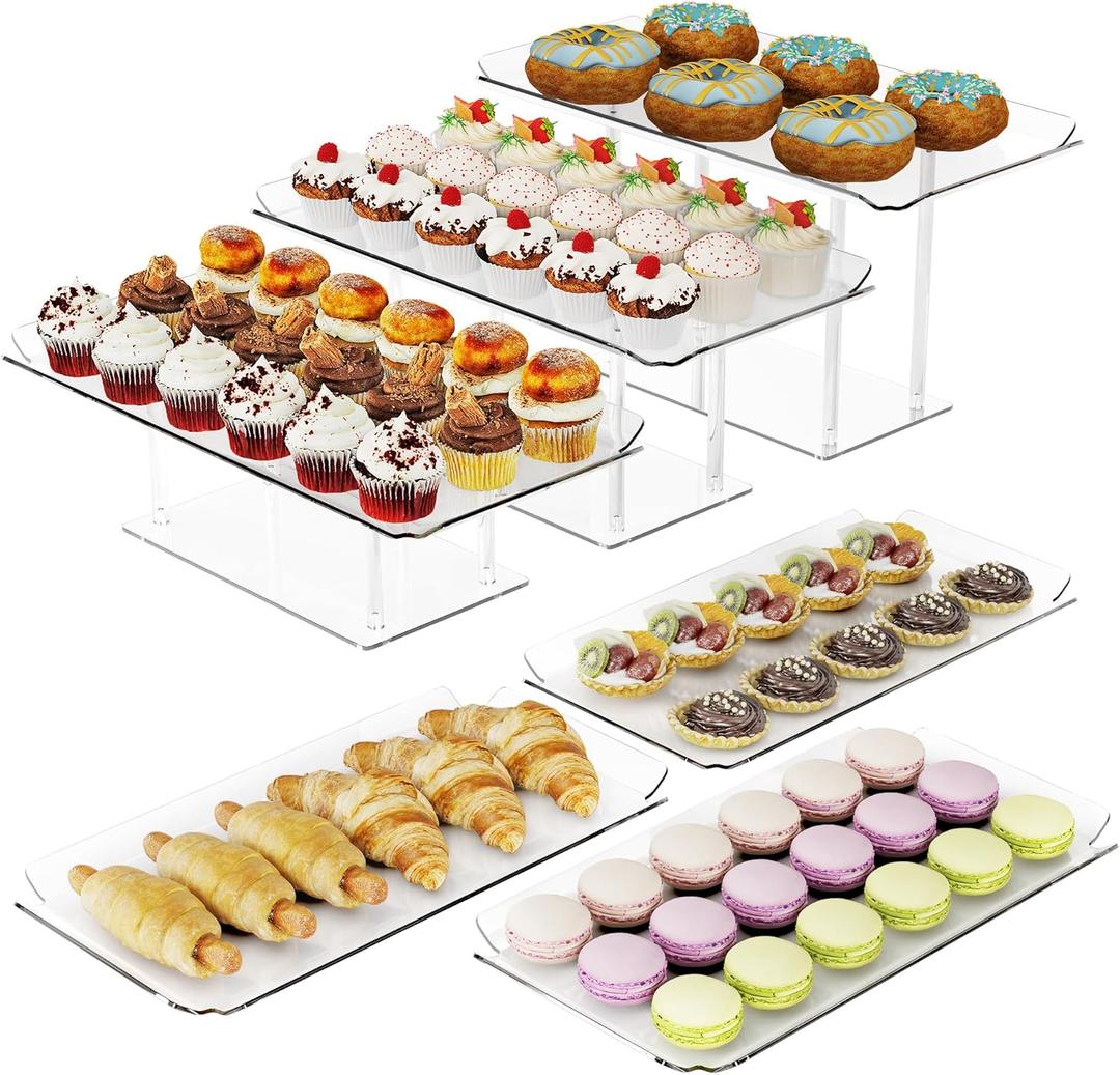 HeiMma 6 Pack Dessert Table Display Set, Clear Acrylic Dessert Display Stands with 3 Pack Dessert Tray Platters Buffet Risers for Pastry Food Fruit Candy Treat for Wedding Birthday Party