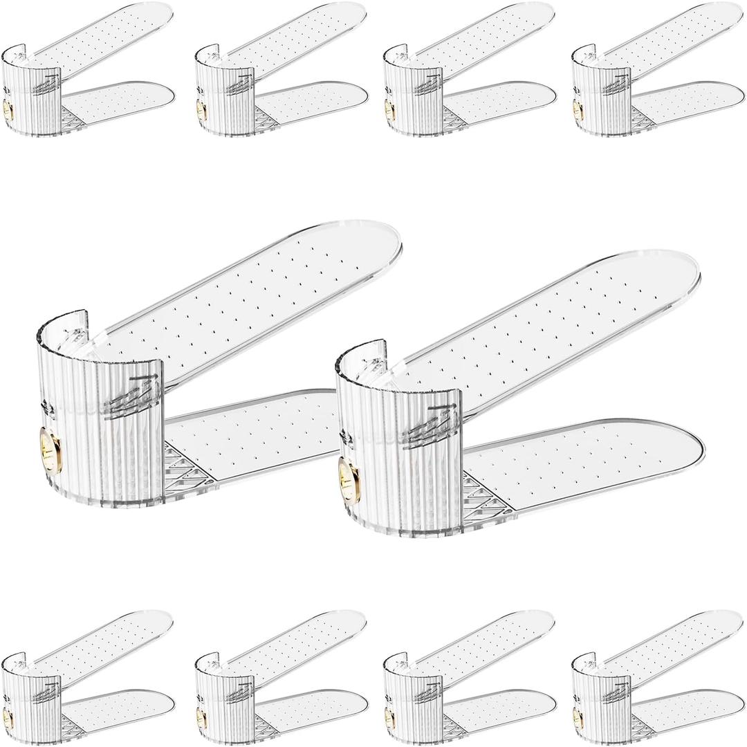 Shoe Slot Organizer,Adjustable Shoe Stacker for a Pair of Shoes,Shoe Holder Space Saver,Double Deck Shoe Riser Shoe Rack,Shoe Organizer for Closet (Clear, 10 Pack)