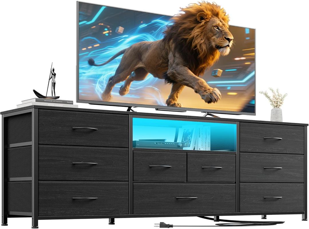 Furnulem 9 Drawer Dresser, 63 Long TV Stand for Bedroom, Entertainment Center with Power Outlet & LED Light for 65"-75" TV, Black Dresser with Fabric Storage Drawers for Closet