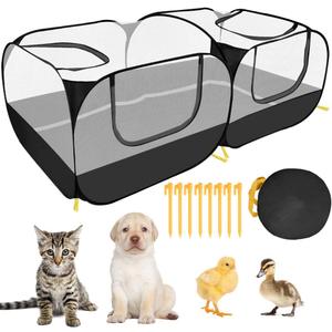 SlowTon Small Animals Playpen, Portable Large Chicken Run Coop with Detachable Bottom Breathable Transparent Mesh Walls, Foldable Pet Enclosure for Puppy Kitten Rabbits Indoor Outdoor (Black)