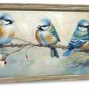 Colorful BlueBird Wooden Wall Art: Rustic Bird Framed Painting Vintage Sparrow Picture Cute Chickadee on Flower Branch Prints Countryside Artwork Decor for Living Room Bedroom Farmhouse (36"L x 12"W)