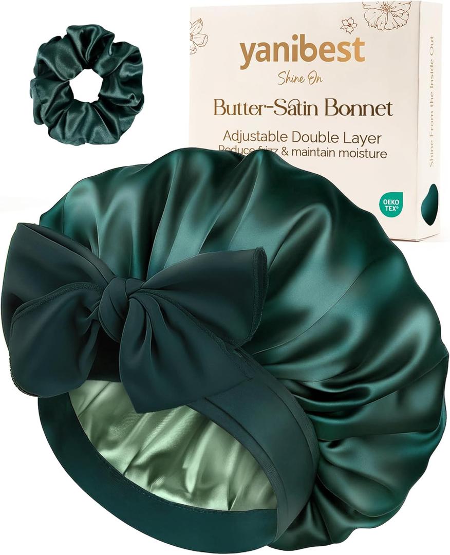 YANIBEST Adjustable Double Layer Satin Bonnet, Silk Hair Bonnet for Sleeping with Elastic Tie Curly Natural Hair Reduce frizz (One Size, Sage)