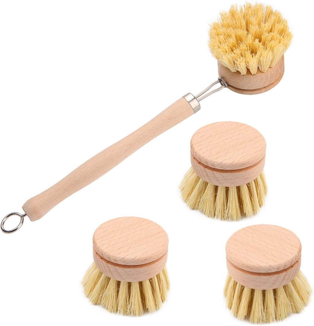 3 Wooden Dish Washing Brush Wooden Cleaning Brush with 3 Replacement Heads, Wood Long Handled Dish Brush Natural Dish Brushes,Eco Friendly