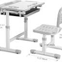 Rengue Kids Desk and Chair Set, Height Adjustable Children School Functional Study Desk with 55° Tiltable Desktop, 3 Modes & Brightness LED Light, Storage Drawer & Metal Hook for Boys Girls (Grey), 28.74" L x 19.69" W x 28.74" H