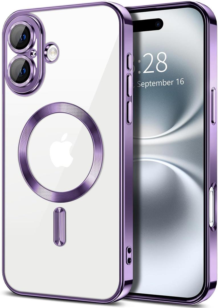 Hython Magnetic Clear for iPhone 16 Plus Case with Camera Lens Protector [Compatible with MagSafe] Luxury Plating Edge Slim Soft TPU Cover Protective Phone Case for iPhone 16 Plus 6.7", Deep Purple