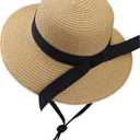 Girls Wide-Brim Straw Sun-Hat for Summer Beach with Bow (5-9 Years, Khaki)
