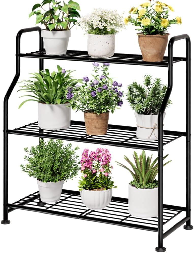 Kitsure Plant Stand Indoor & Outdoor - 3-Tier Metal Plant Shelf with Adjustable Leveling Feet, Easy to Assemble Planter Stand for Patio, Balcony, or Garden (Black, 27" x 11.4" x 29.3")