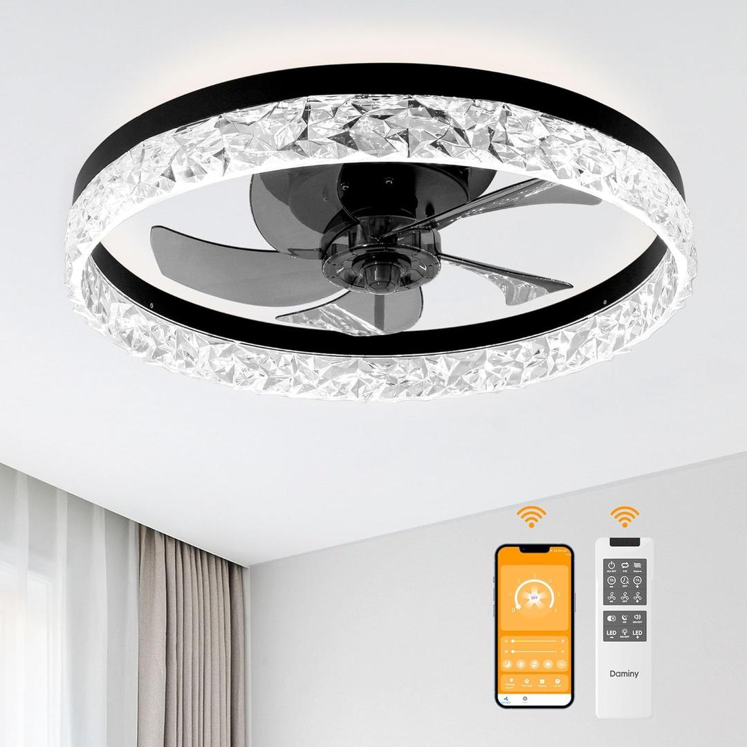 DAMINY Ceiling Fans with Lights and Remote, 6CCT,Dimmable Low Profile Ceiling Fan with Light, Flush Mount Bladeless Ceiling Fan,6 Speeds,20 inch Black Modern