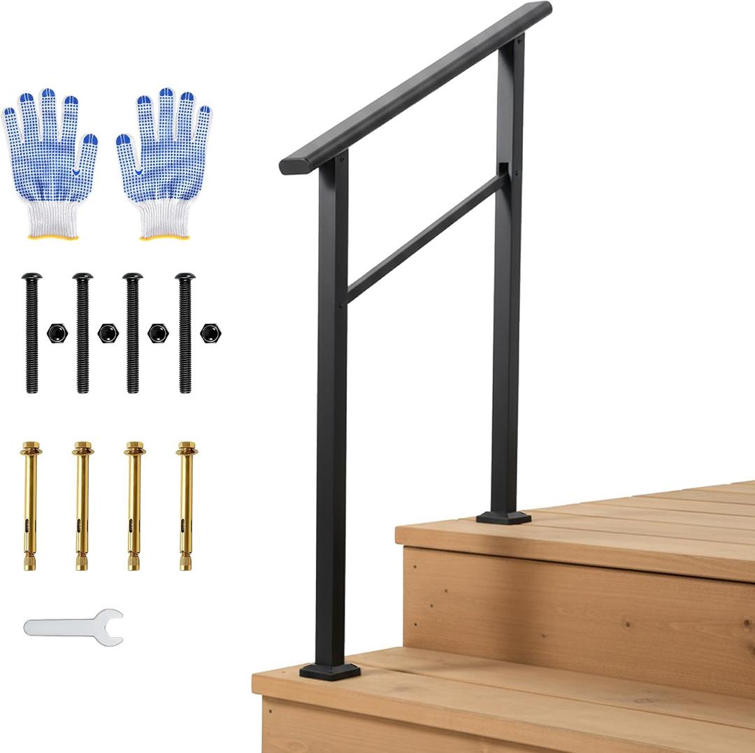 IDEALHOUSE 2 Step Outdoor Stair Handrail Kit, Black Aluminum & Iron Construction for Porch Steps, Easy Tool-Assembly Safety Railing, All Hardware & Gloves Included (1 Pack)