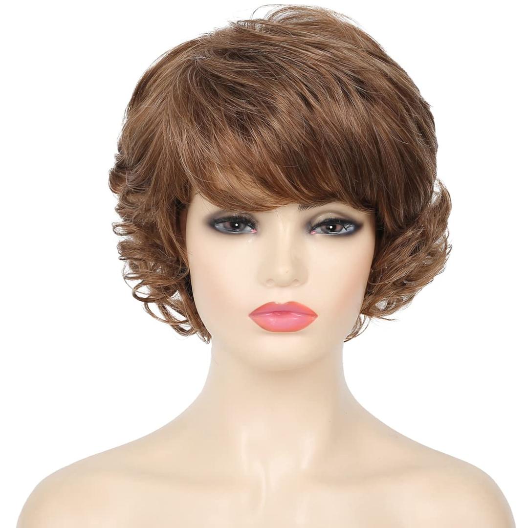 Kaneles Short Brown Curly Hair Wig with Bangs for Women Natural Layered Synthetic Old Ladies Hair Heat Resistant Halloween Cosplay Full WigsGolden brown