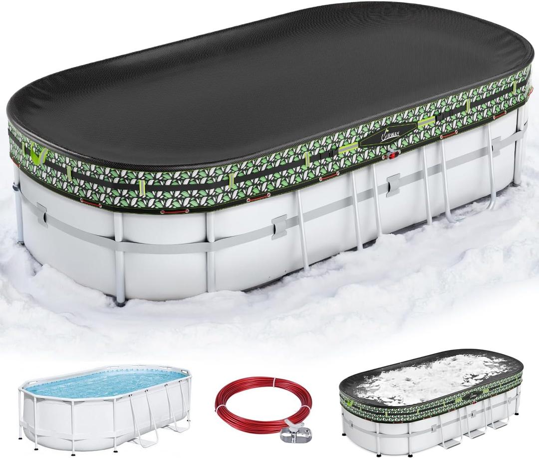 UIRWAY Upgraded 15x30 ft Oval Winter Pool Cover- 185gsm Heavy Duty Fabric Pool Cover for Above Ground Pools, Ultimate Windproof with 2 Buckle Straps & Winch and Cable Set, Cold and UV Resistant