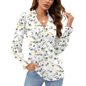 Rapbin Womens V Neck Puff Long Sleeve Button Down Tunic Blouses Fall Tops 2025 Ruffle Cuffs Dressy Casual T-Shirts (Small)