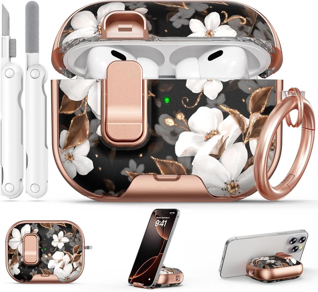 for AirPods Pro 2/1 Case (2023-2019), with Safty Lock & Phone Stand for AirPods Pro 2/Pro1 Generation Case Cover for Women Girly with Keychain & Cleaner Kit - Black Gold Flower