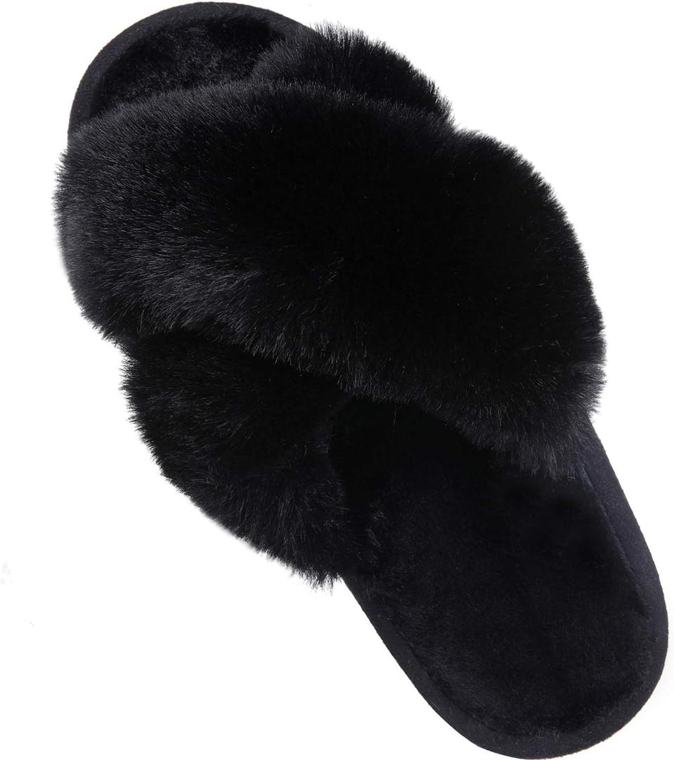 Comwarm Women's Cross Band Fuzzy Slippers Fluffy Open Toe House Slippers Cozy Plush Bedroom Shoes Indoor Outdoor (8.5-9.5, Black)