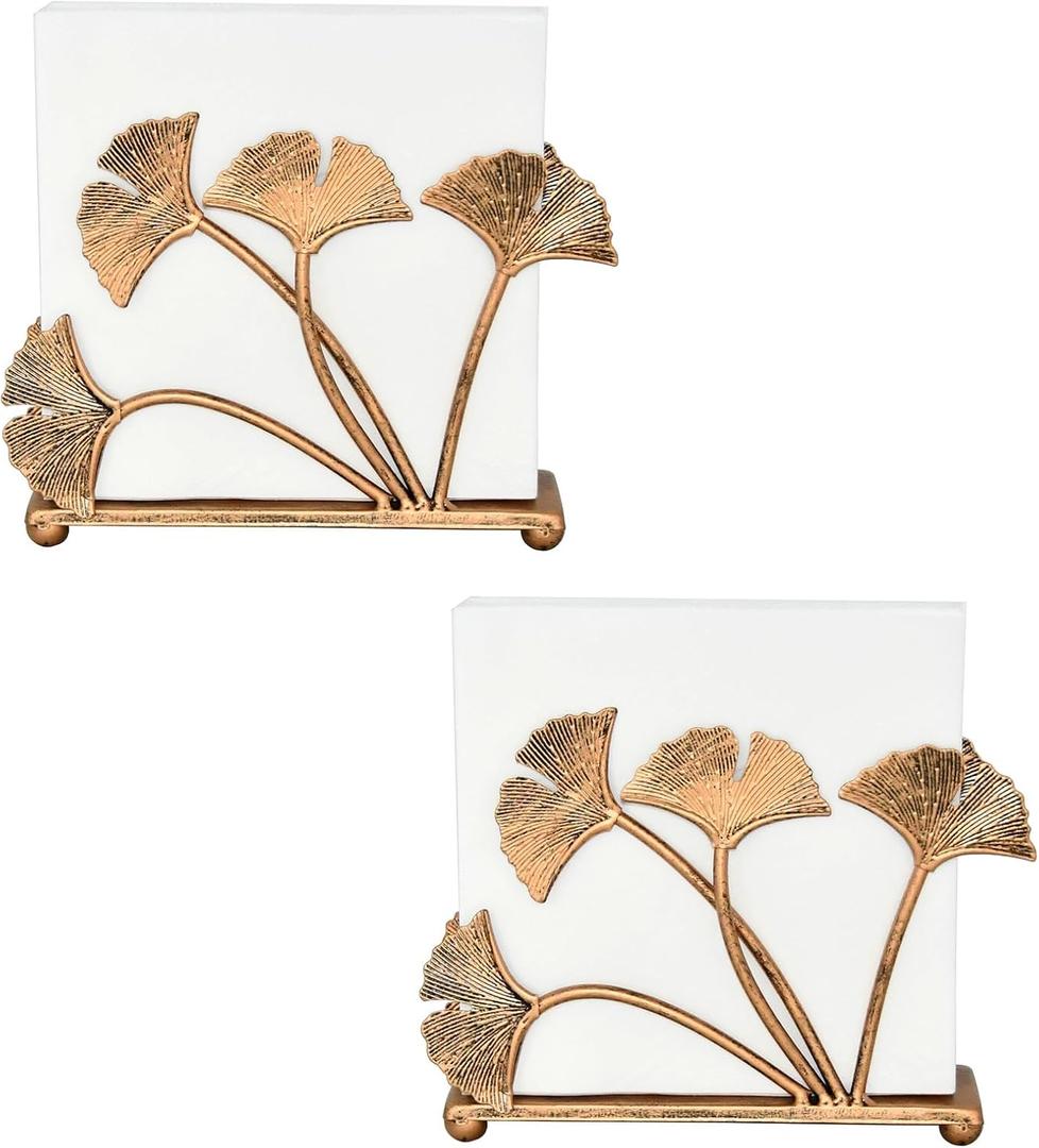 OwlGift Set of 2 Modern Ginkgo Leaves Design Napkin Holder for Tables, Metal Paper Napkin Storage for Kitchen, Stylish Paper Towel Dispenser, Mail Letter Sorter Rack, Document File Organizer  Bronze