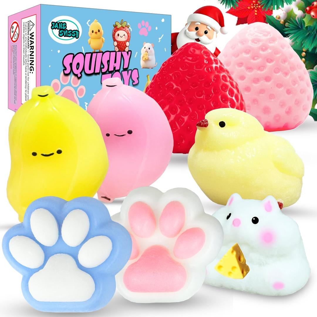 8 Pcs Taba Squishies Pack - Squishy Pack Include (2 Strawberry, 2 Cat Paws,2 Banana,1 Hamster,1 Chick),Squishy Fidget Toys Set,Gifts for Kids, Party Favors - Cute Taba Handmade Stress Toys