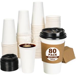 ESSENTIAL 16 oz Heavy Duty Coffee Cups with Lids, Sleeves & Labels80 Pack Disposable Paper To Go Cups, for Hot/Cold Beverage, Offices, Homes, Party