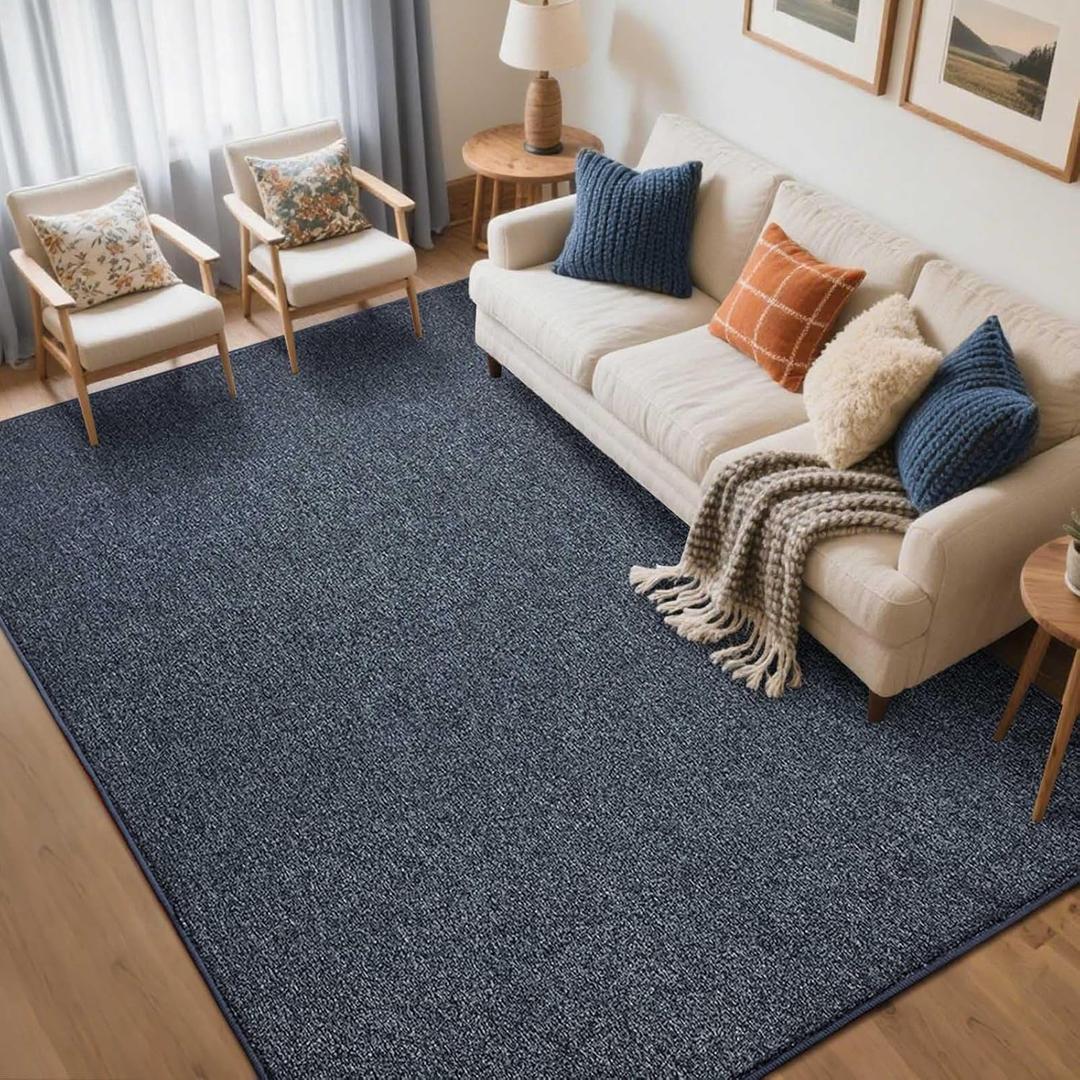 FinRec Low Pile 5x7 Washable Area Rugs for Bedroom Living Room, Thin Rug Solid Color, Non-Slip Carpet Indoor for Home Decor (Navy Blue/White)