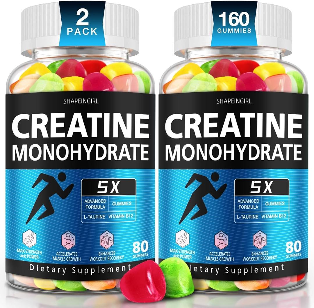 2 x Creatine Monohydrate Gummies - Clean Creatine for Women Men for Muscle Strength, Improving Endurance & Post Workout Recovery - Creatine Supplement Mixed Fruit Flavors (160 Gummies) (EXP 03/18/27)