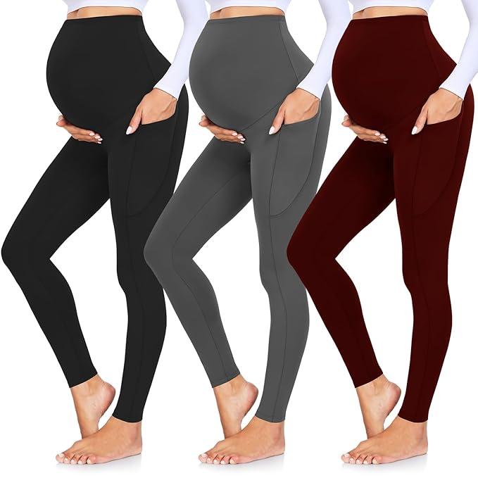 3 Pack Women’s Maternity Leggings with Pockets Over The Belly Maternity Clothes Sets Outfits Sweatpants Buttery Soft Tight Pregnancy Pants Must Haves Essentials Red Black Grey  Activewear, S