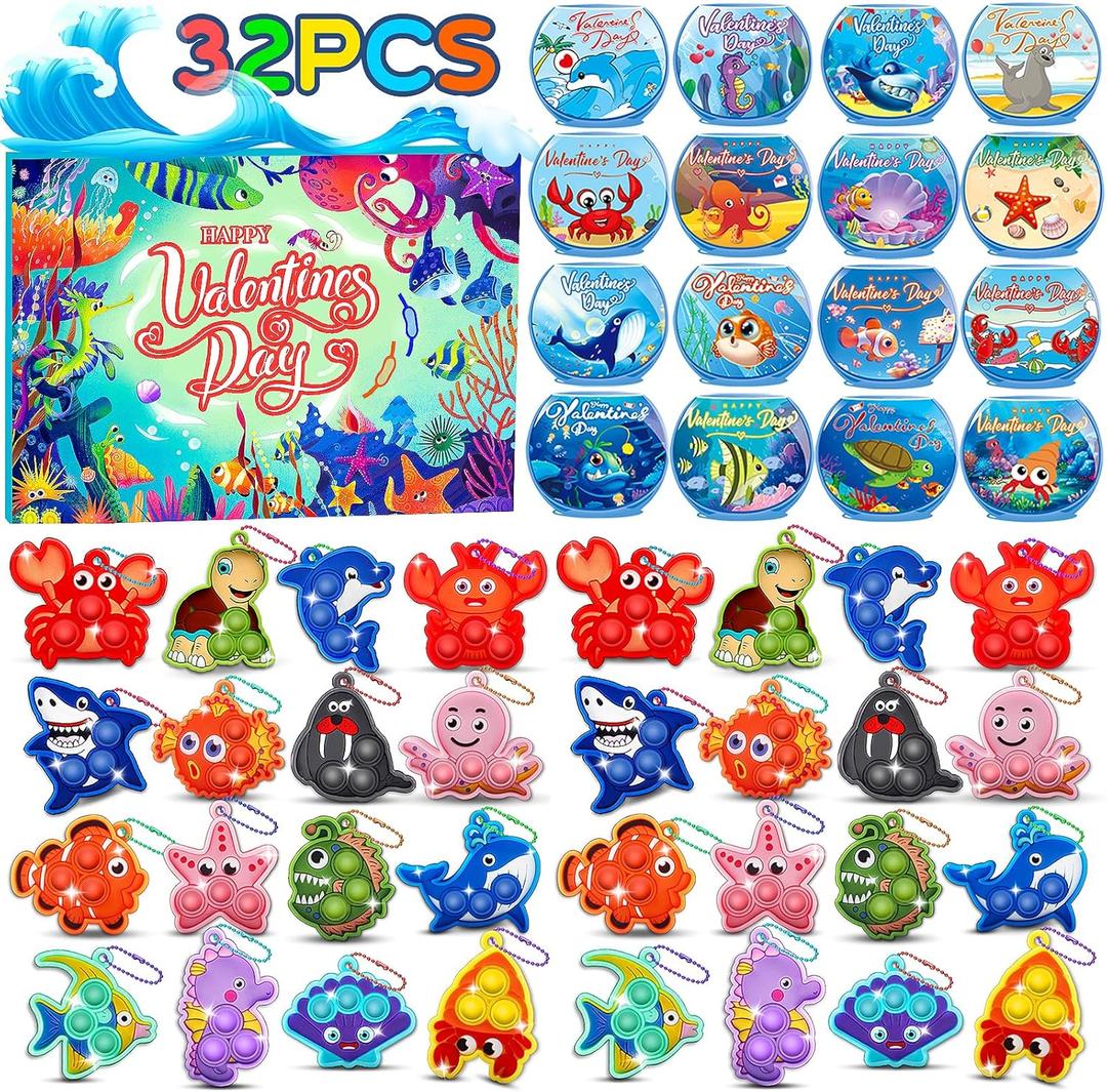 Valentines Gifts for Kids Classroom School, 32 PCS Valentines Cards for Kids with Sea Animal Pop Fidget Toys, Valentines Party Favors, Valentines for Class, Valentines Exchange Gifts for Boys Girls