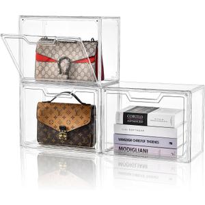 Purse Organizer for Closet,Clear Acrylic Display Case for Handbag Organizer, Purse Storage Box with Magnetic Door, Plastic Storage Bins for Book, Collectibles, Cosmetic (3 Pack)