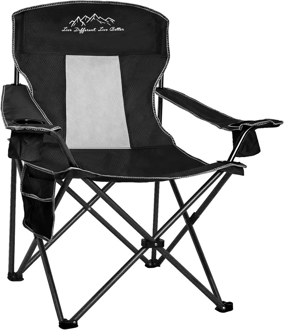 Outdoor Folding Camping Chair with Cup Holder, Storage Bag, Large Anti-Sink Feet, 400lbs Capacity, Breathable Mesh Portable Chair for Camping, Beach, Fishing, Sports, Black