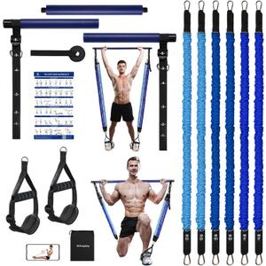 Upgraded Pilates Bar Kit with Resistance Bands Natural Latex for Women & Men, Heavy-Duty Stainless Steel Multifunctional Yoga Pilates Stick for Home Gym Exercise Fitness Equipment Full-Body Workouts (Blue(20/40/60lbs))